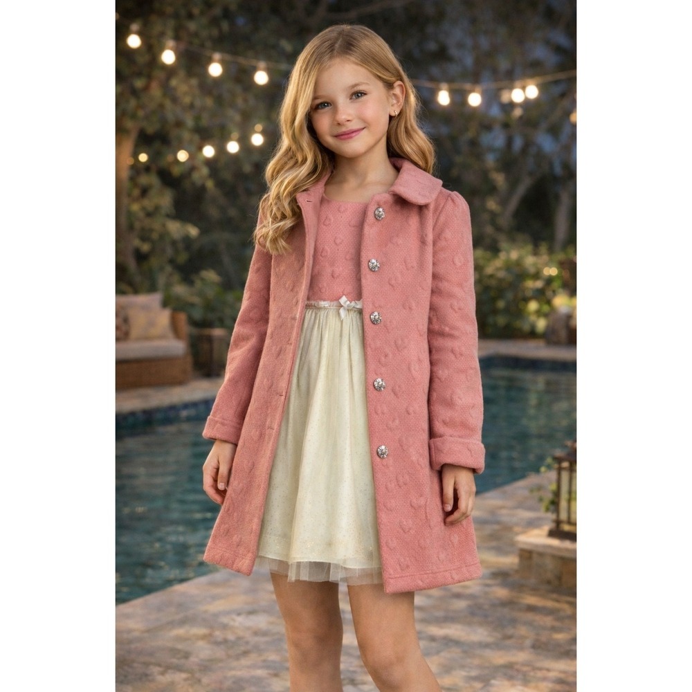 Pink Heart Textured Pea Coat and Glitter Tulle Dress Set Toddler 3T Excellent